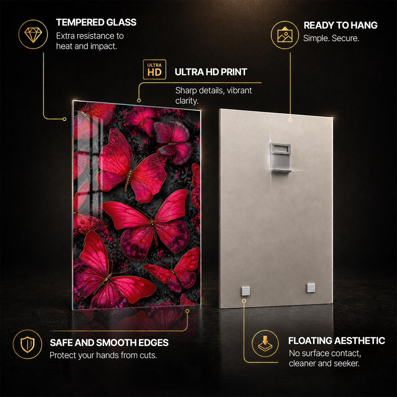 Crimson Butterfly Garden — tempered glass, ultra HD print, ready to hang