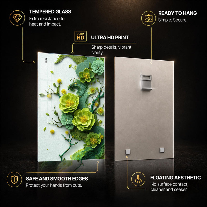 Emerald Dragon Blossoms — tempered glass, ultra HD print, ready to hang