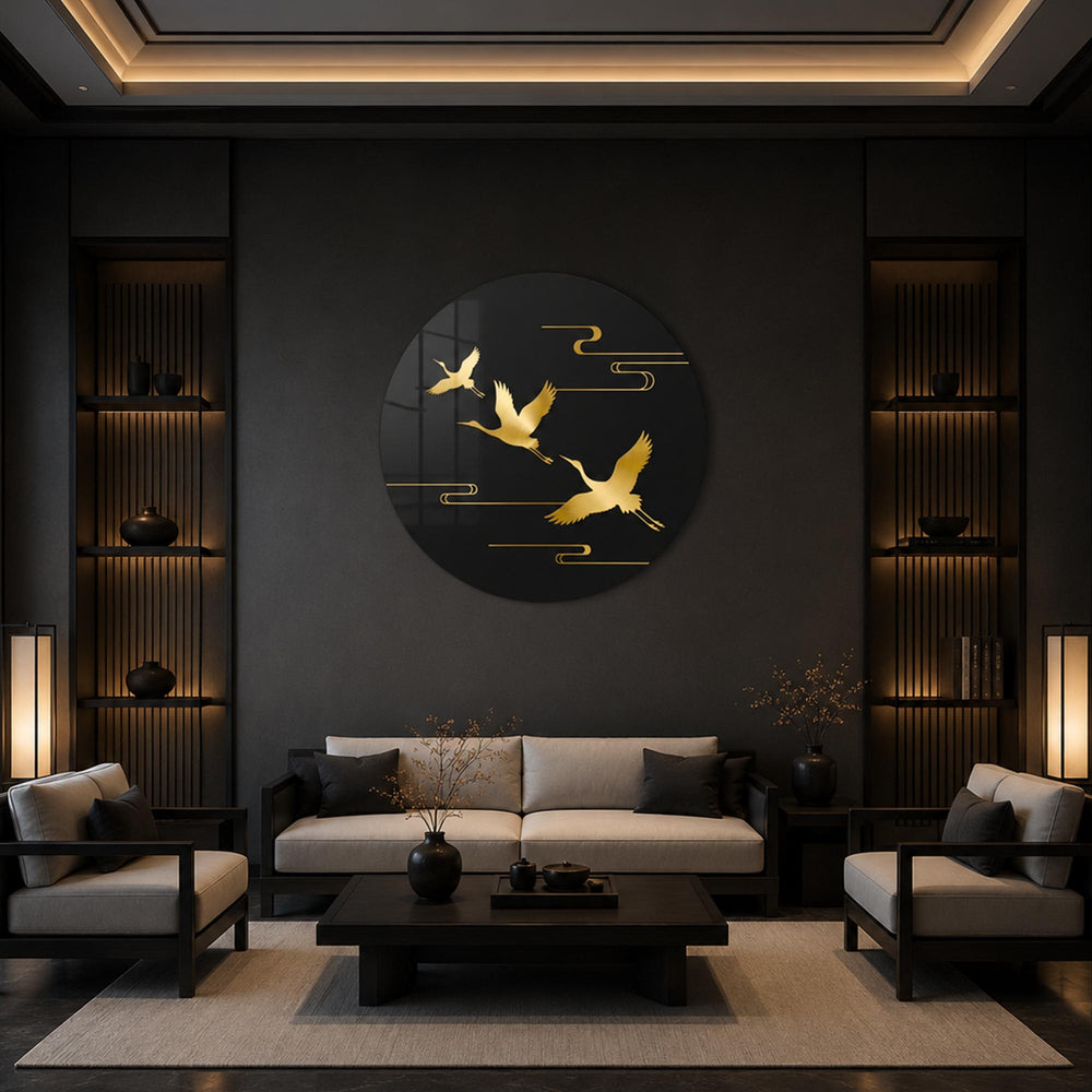 Golden Crane Flight in a modern room