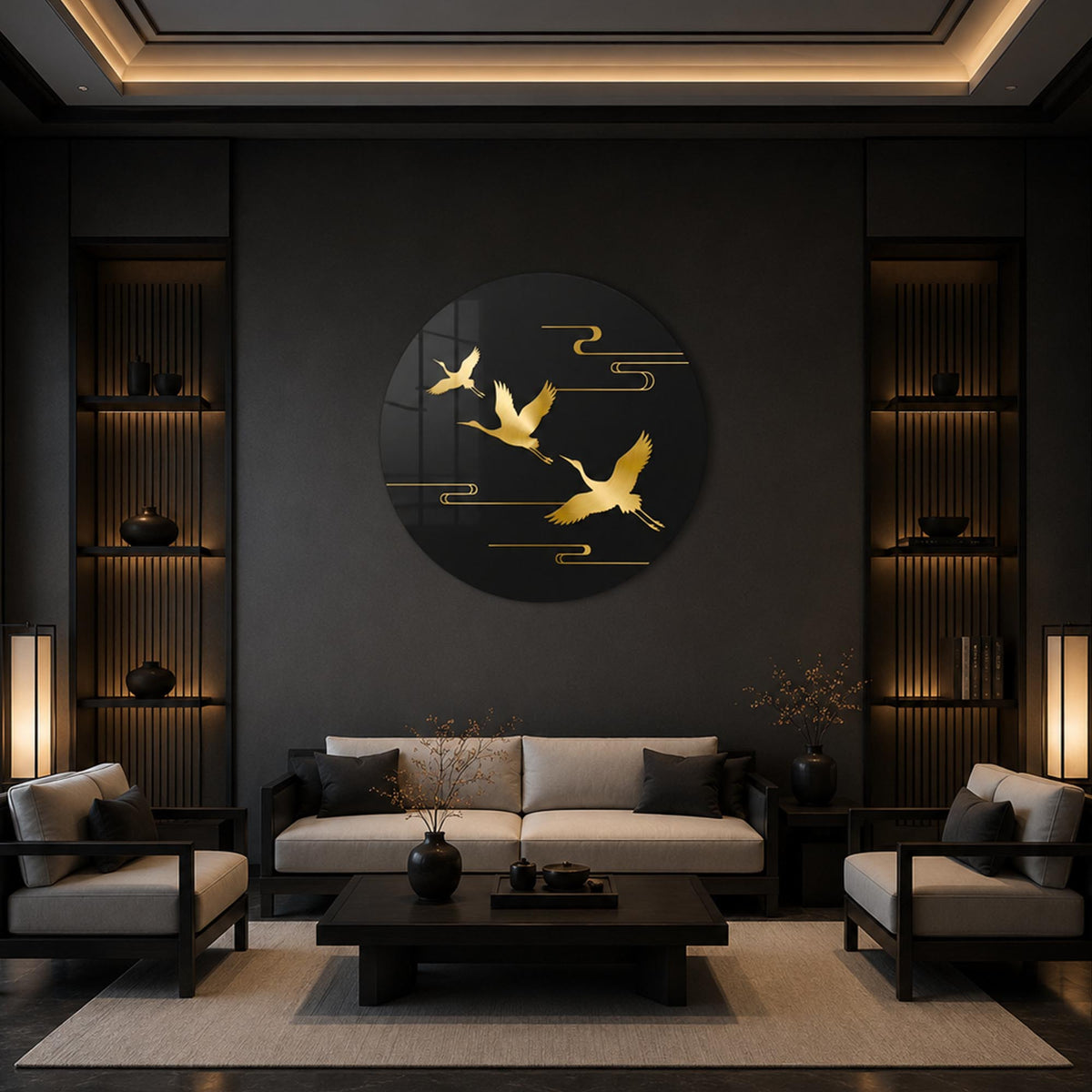 Golden Crane Flight in a modern room