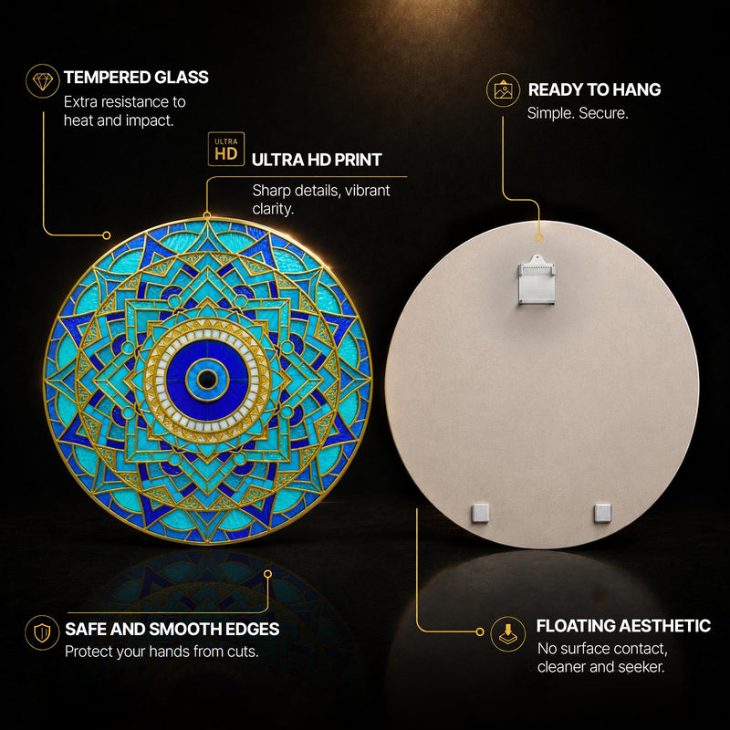 Blue Gold Evil Eye Star Mandala — tempered glass, ultra HD print, ready to hang
