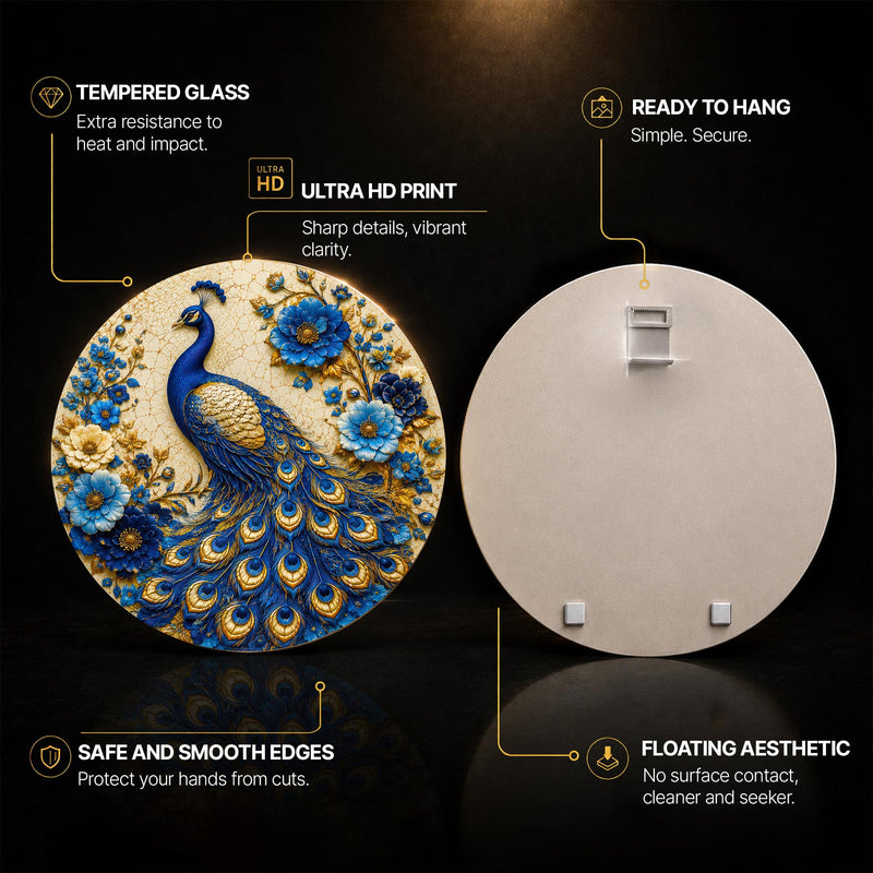 Regal Peacock Garden — tempered glass, ultra HD print, ready to hang