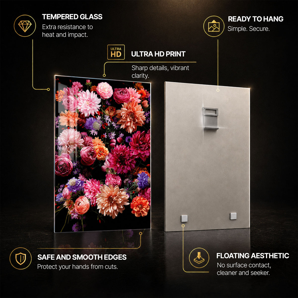 Midnight Dahlia Garden — tempered glass, ultra HD print, ready to hang