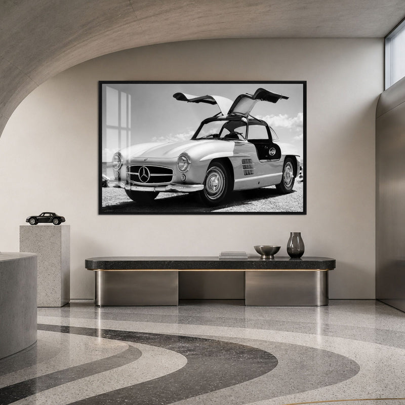Artronauts Glass Print 18x12 cm | 7.1"x4.7" / Black Classic Gullwing Mercedes Glass Wall Art
