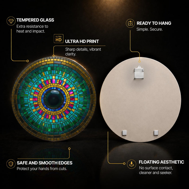 Concentric Emerald Iris Mandala — tempered glass, ultra HD print, ready to hang