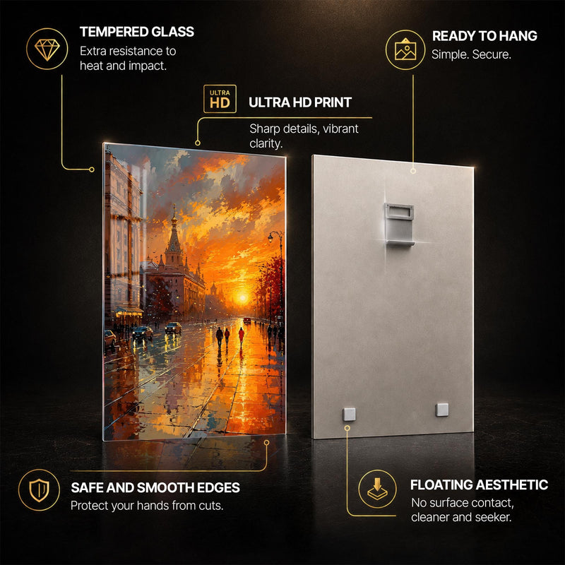 Rainy City Sunset — tempered glass, ultra HD print, ready to hang