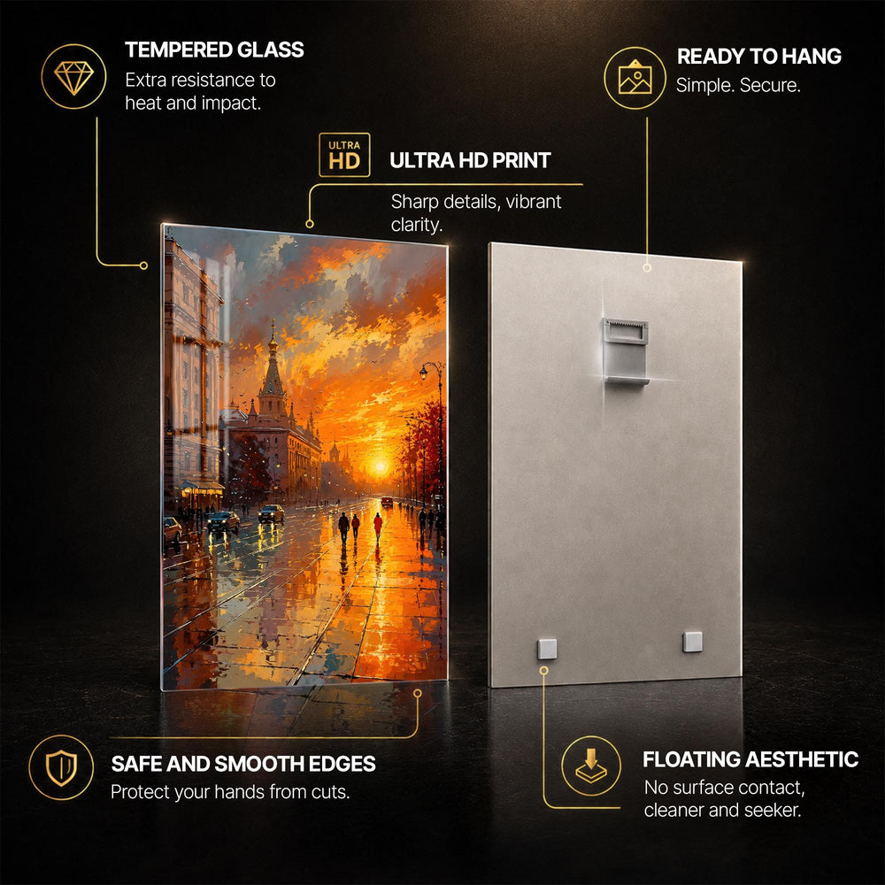 Rainy City Sunset — tempered glass, ultra HD print, ready to hang
