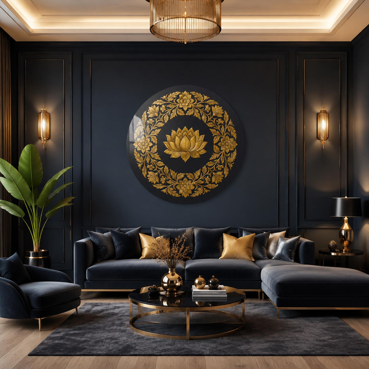 Golden Lotus Wreath — tempered glass, ultra HD print, ready to hang