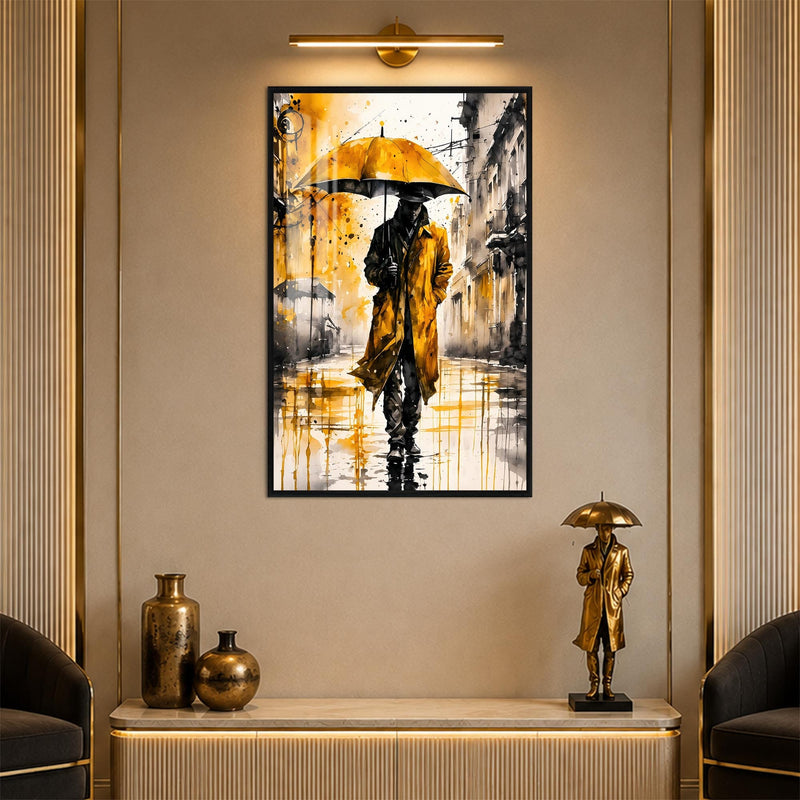 Artronauts Glass Print 12x18 cm | 4.7"x7.1" / Black Yellow Umbrella Walker Glass Wall Art