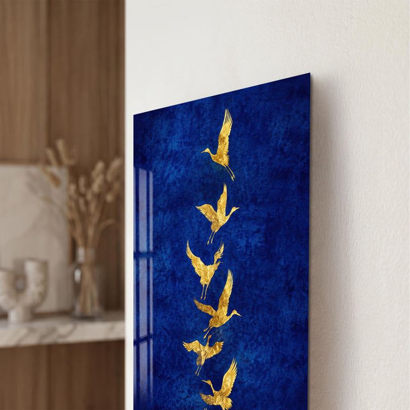 Artronauts Glass Print Golden Cranes In Flight Glass Wall Art