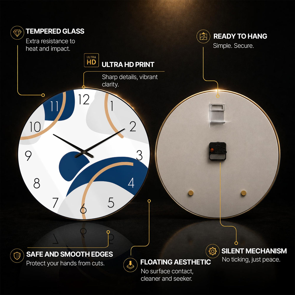 Navy Golden Curves — tempered glass, ultra HD print, ready to hang