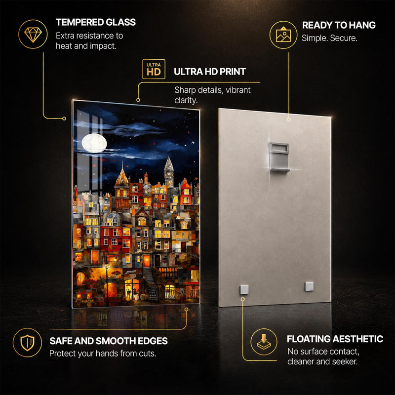 Moonlit City Glow — tempered glass, ultra HD print, ready to hang