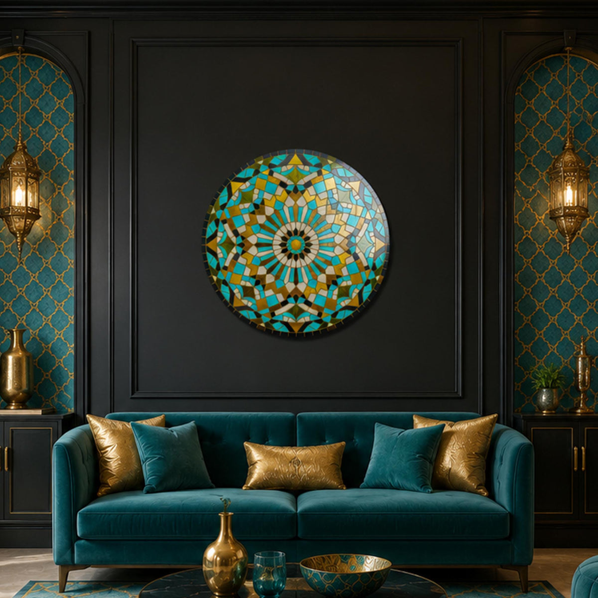Turquoise Mosaic Mandala II in a modern room