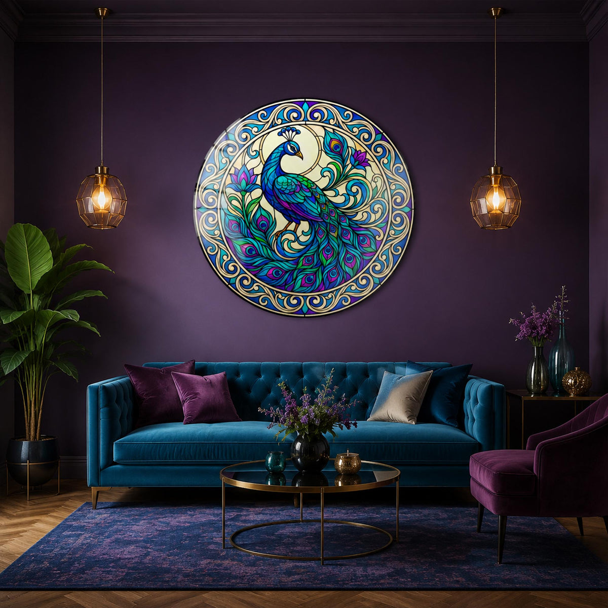 Regal Peacock IV — tempered glass, ultra HD print, ready to hang