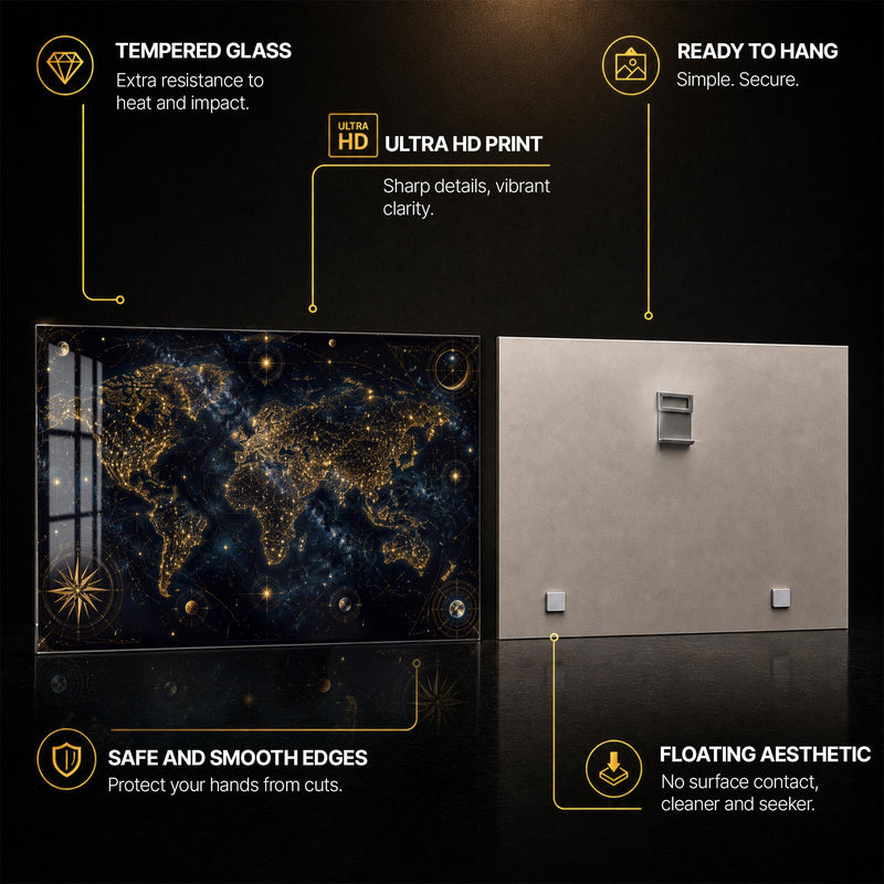 Celestial Golden World — tempered glass, ultra HD print, ready to hang