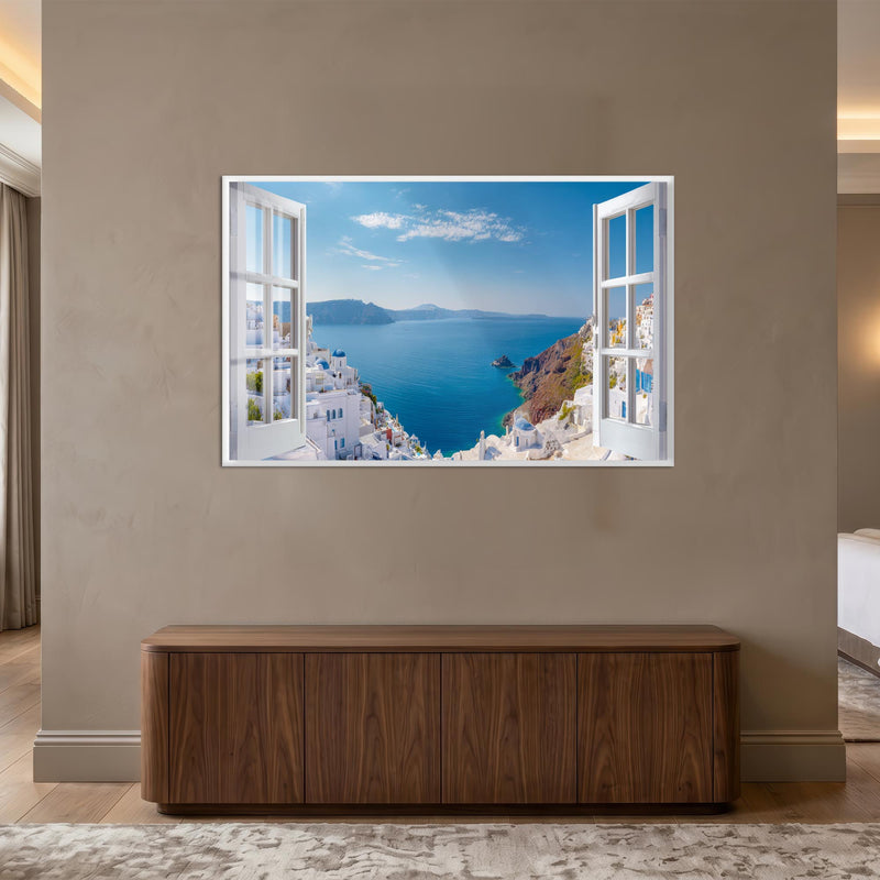 Santorini Window View with white frame