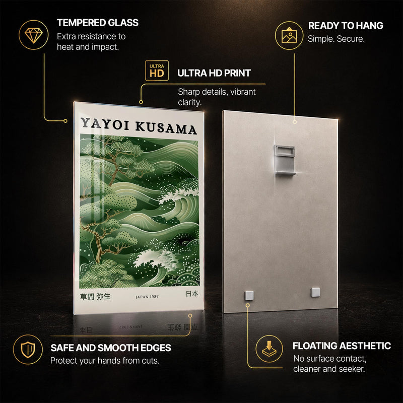 Emerald Japanese Waves — tempered glass, ultra HD print, ready to hang