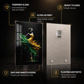 Emerald Golden Dancer — tempered glass, ultra HD print, ready to hang