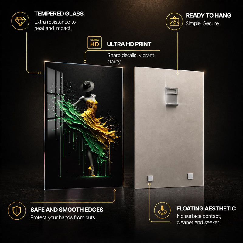 Emerald Golden Dancer — tempered glass, ultra HD print, ready to hang