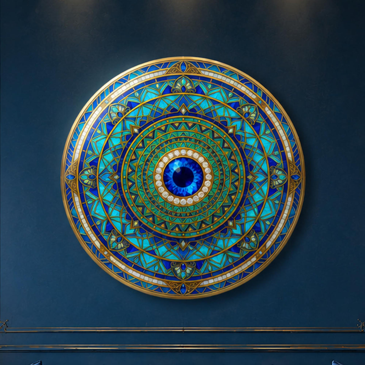 Turquoise Evil Eye Mandala — tempered glass, ultra HD print, ready to hang