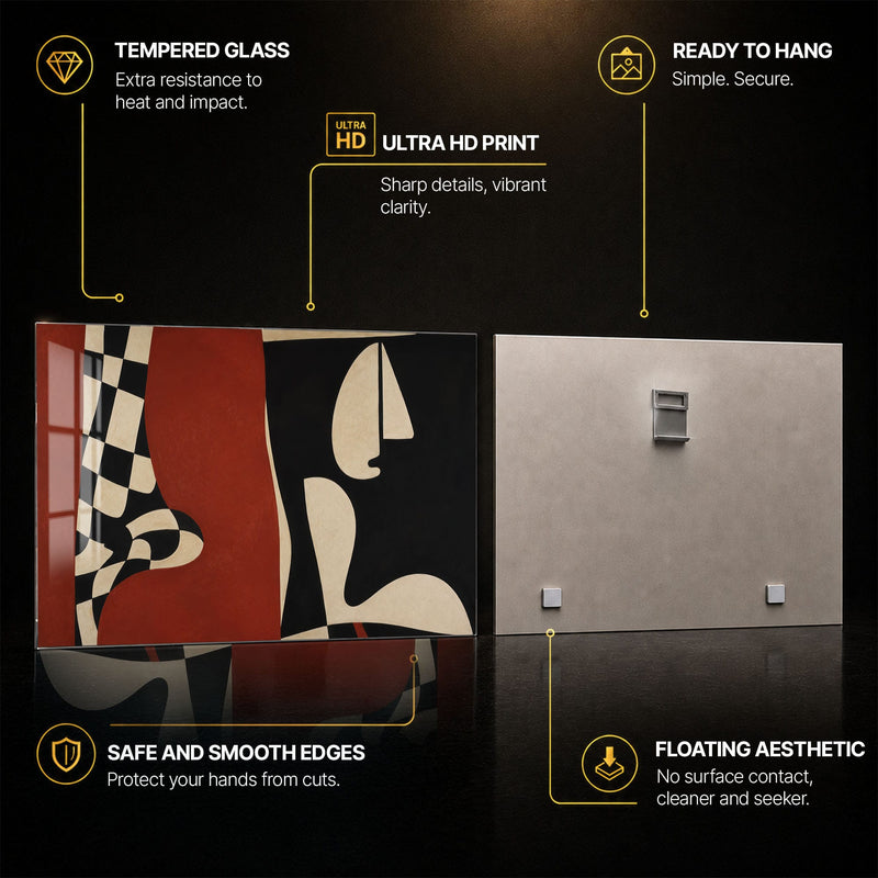 Crimson Cubist Faces — tempered glass, ultra HD print, ready to hang