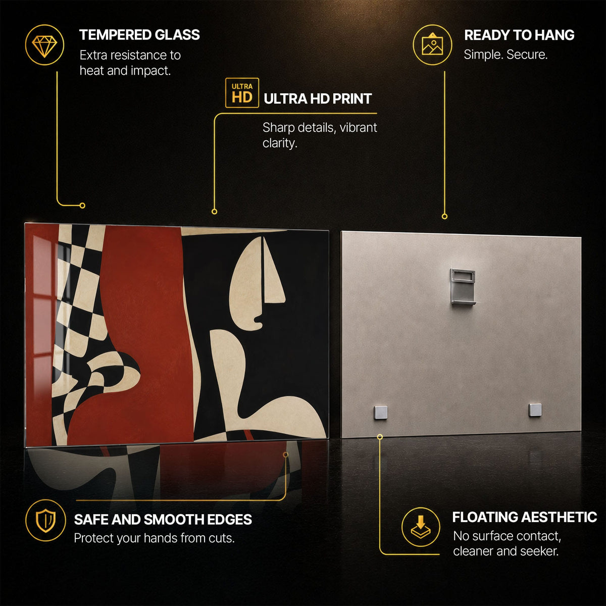 Crimson Cubist Faces — tempered glass, ultra HD print, ready to hang