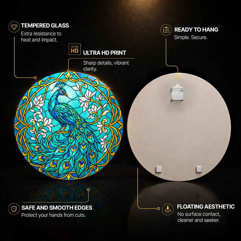 Turquoise Peacock And Magnolia — tempered glass, ultra HD print, ready to hang