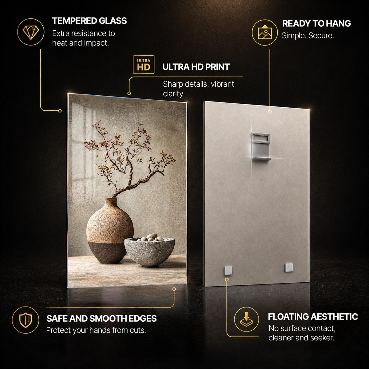 Zen Branch Still Life — tempered glass, ultra HD print, ready to hang