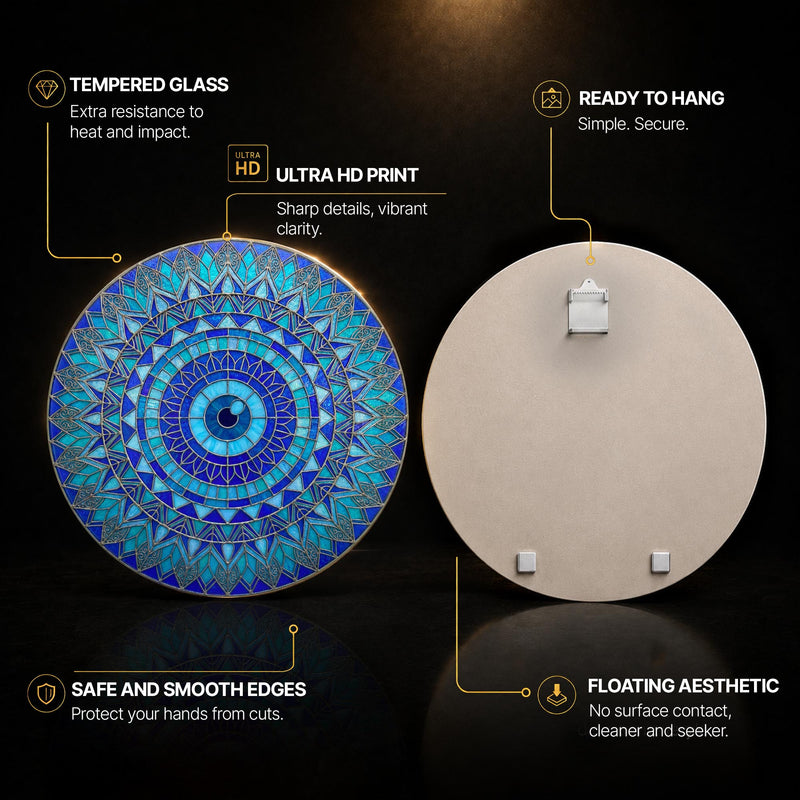 Blue Lotus Petal Evil Eye — tempered glass, ultra HD print, ready to hang