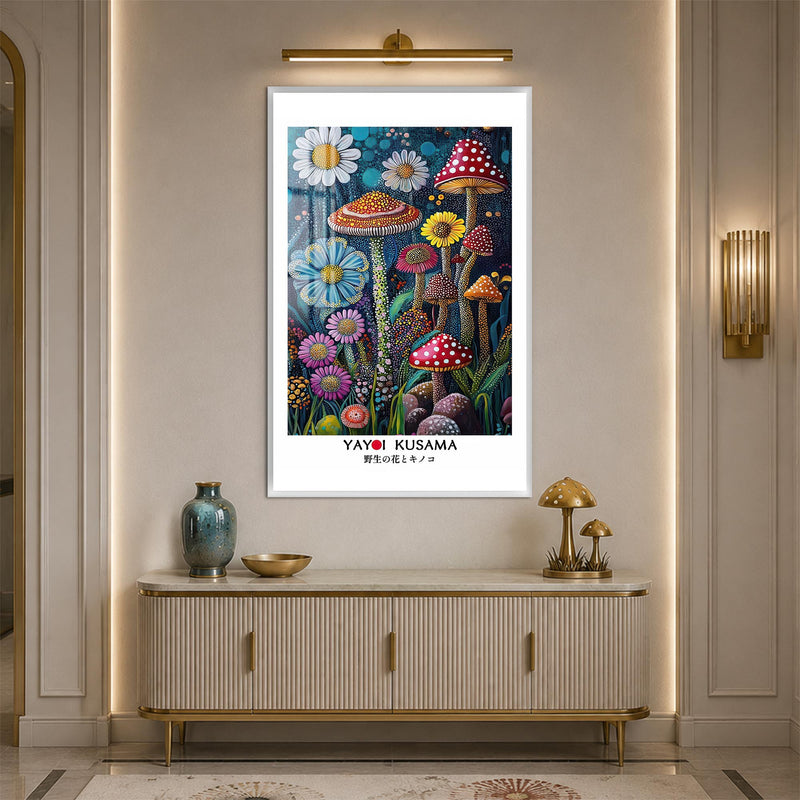Whimsical Mushroom Garden with white frame
