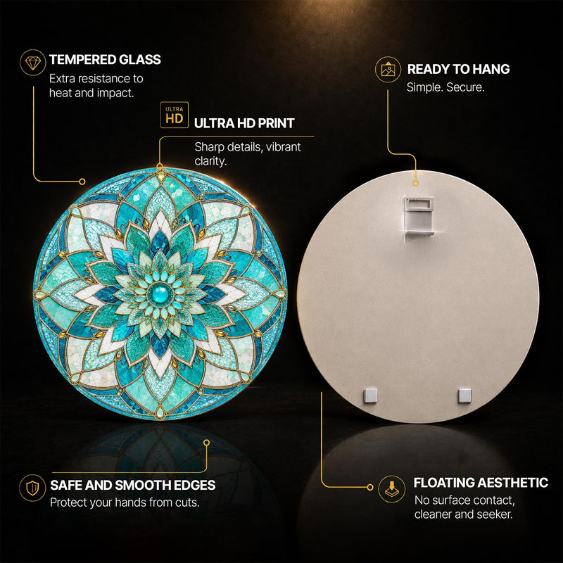 Turquoise Lotus Mandala — tempered glass, ultra HD print, ready to hang