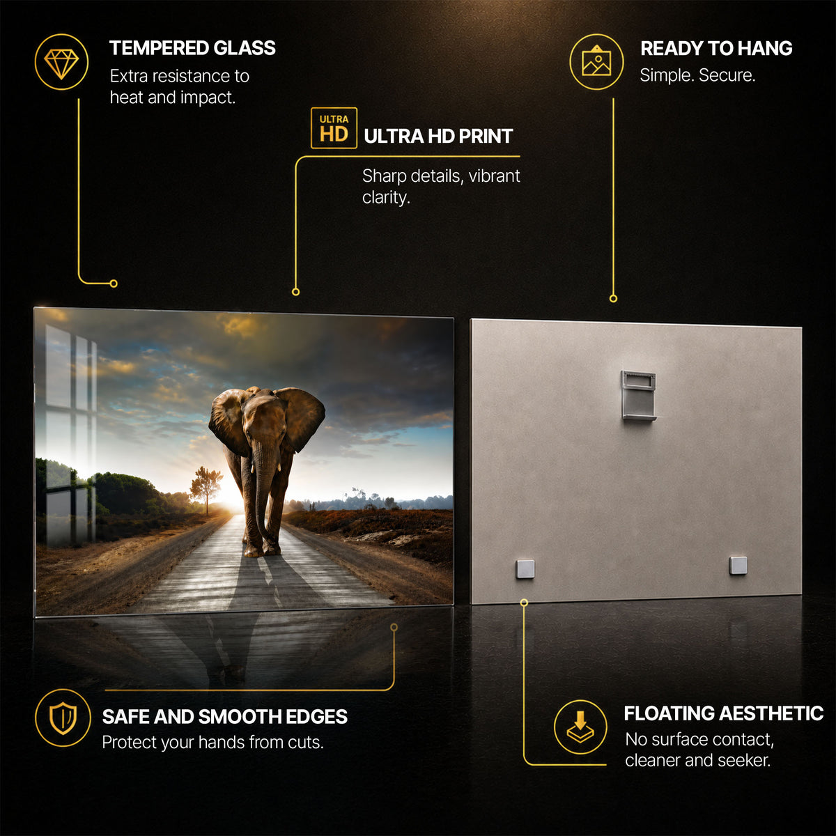 Elephant on the Open Road — tempered glass, ultra HD print, ready to hang