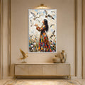 Woman Among Flying Birds with white frame