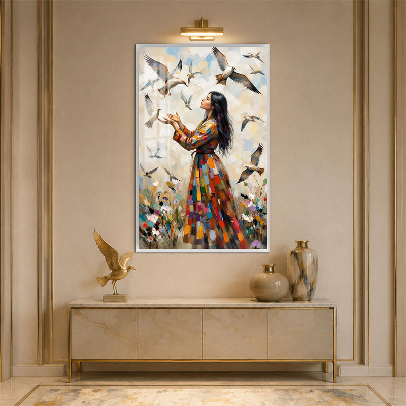 Woman Among Flying Birds with white frame