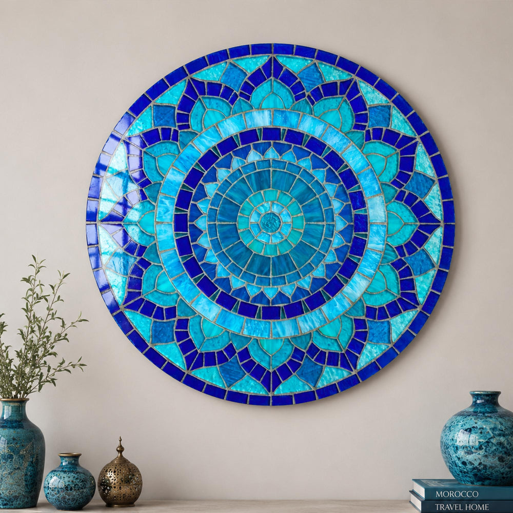 Azure Mosaic Bloom — tempered glass, ultra HD print, ready to hang