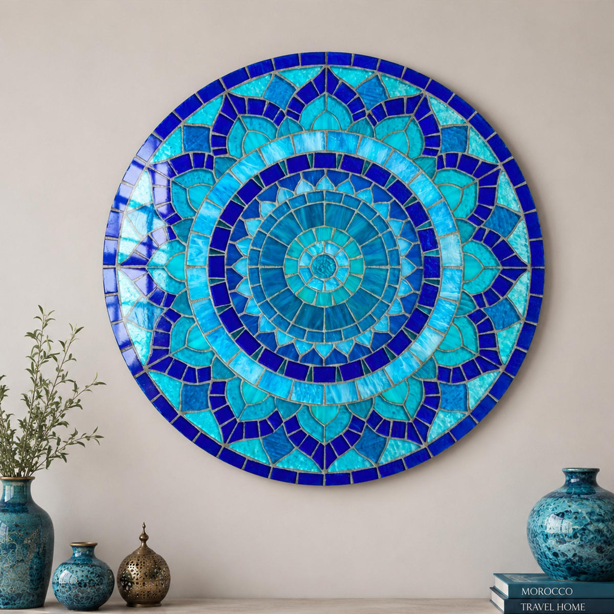 Azure Mosaic Bloom — tempered glass, ultra HD print, ready to hang