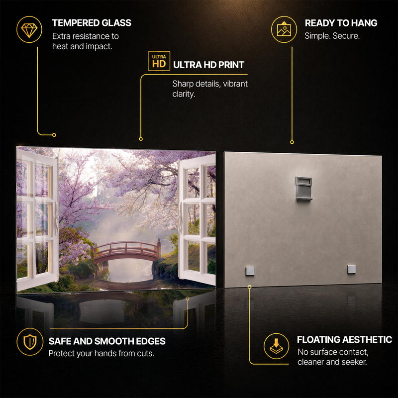 Cherry Blossom Window — tempered glass, ultra HD print, ready to hang