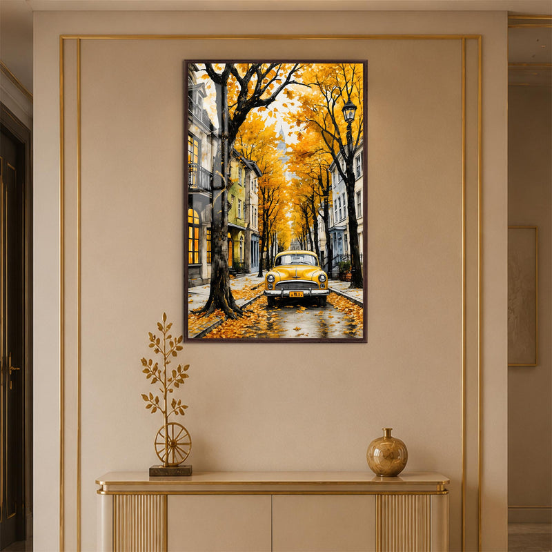 Yellow Car Autumn Street with walnut frame