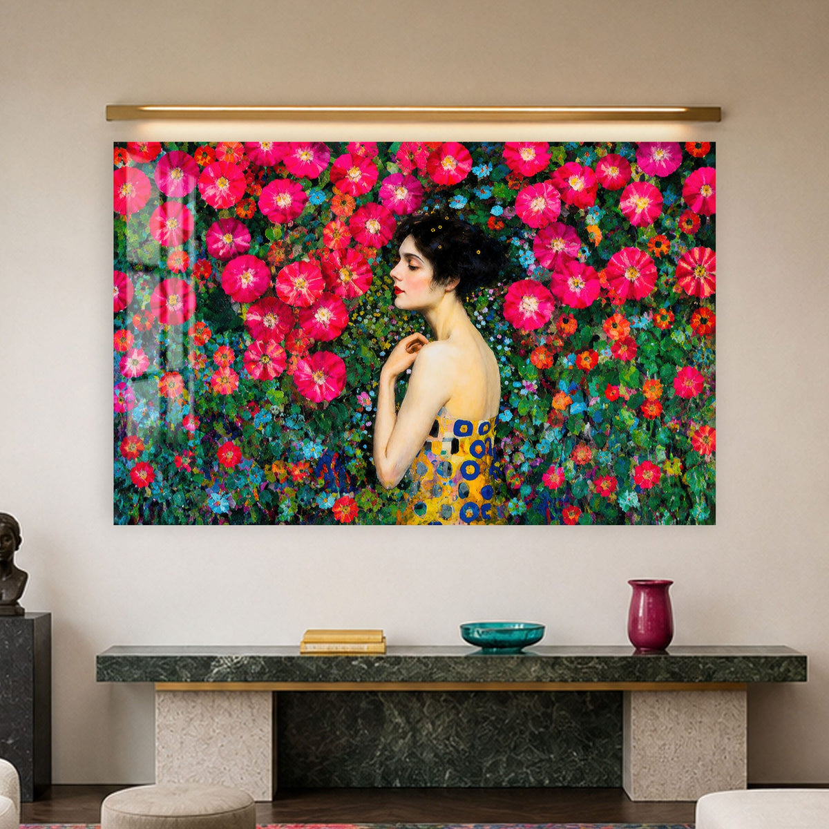 Artronauts Glass Print Woman Among Flowers Glass Wall Art