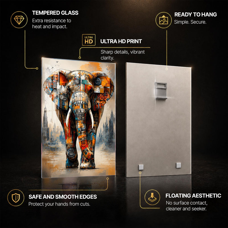 Mechanical City Elephant — tempered glass, ultra HD print, ready to hang