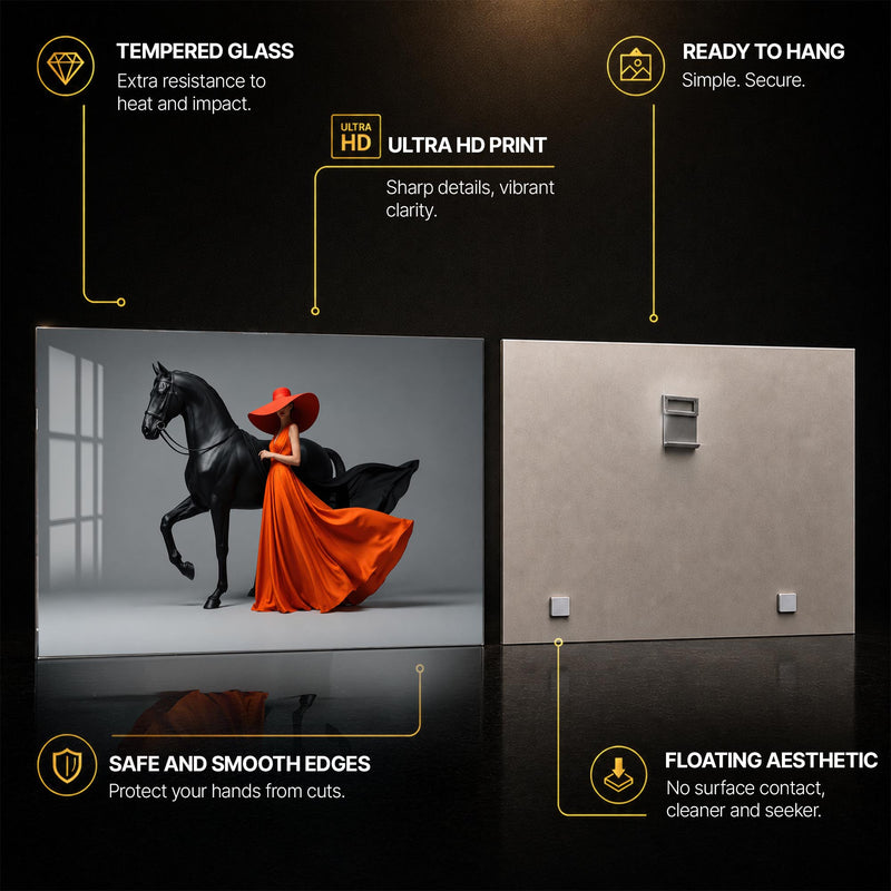 Crimson Equestrian Elegance — tempered glass, ultra HD print, ready to hang