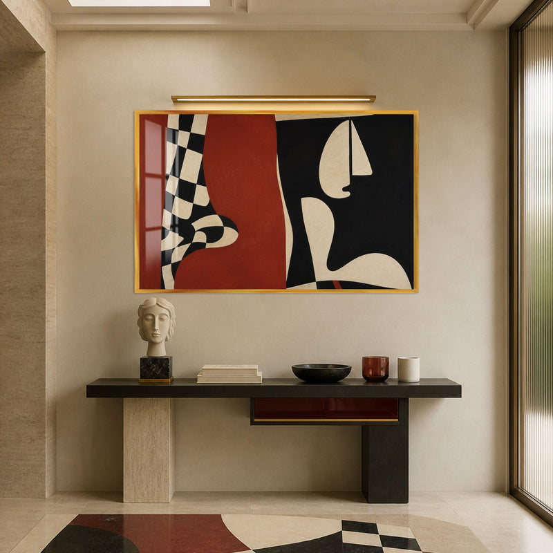 Crimson Cubist Faces with gold frame