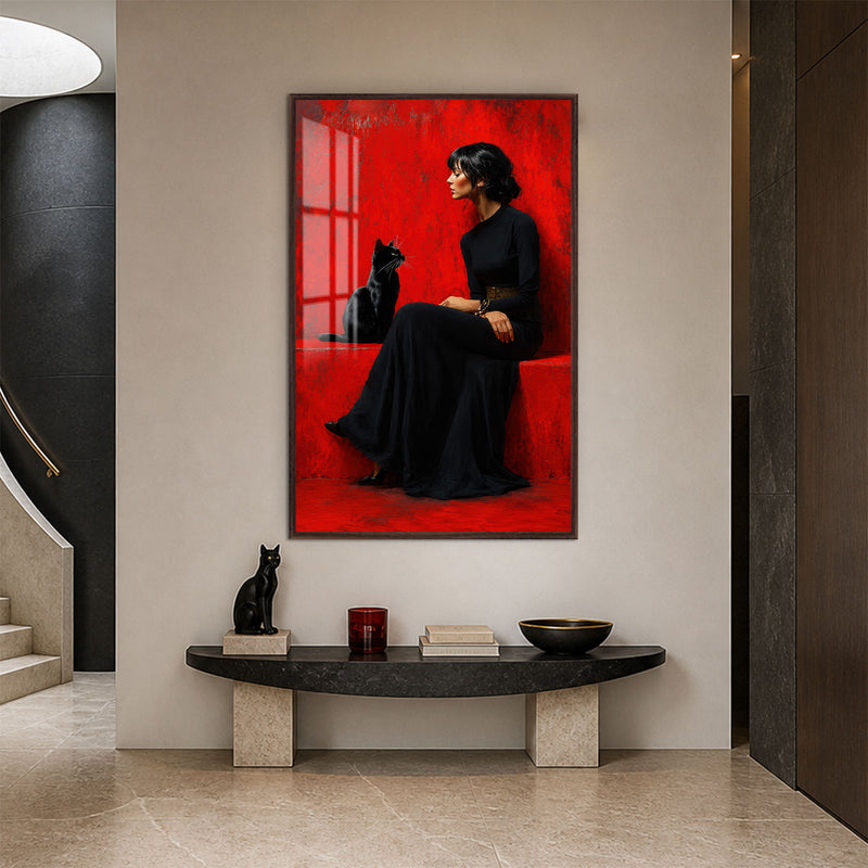 Lady And Black Cat with walnut frame