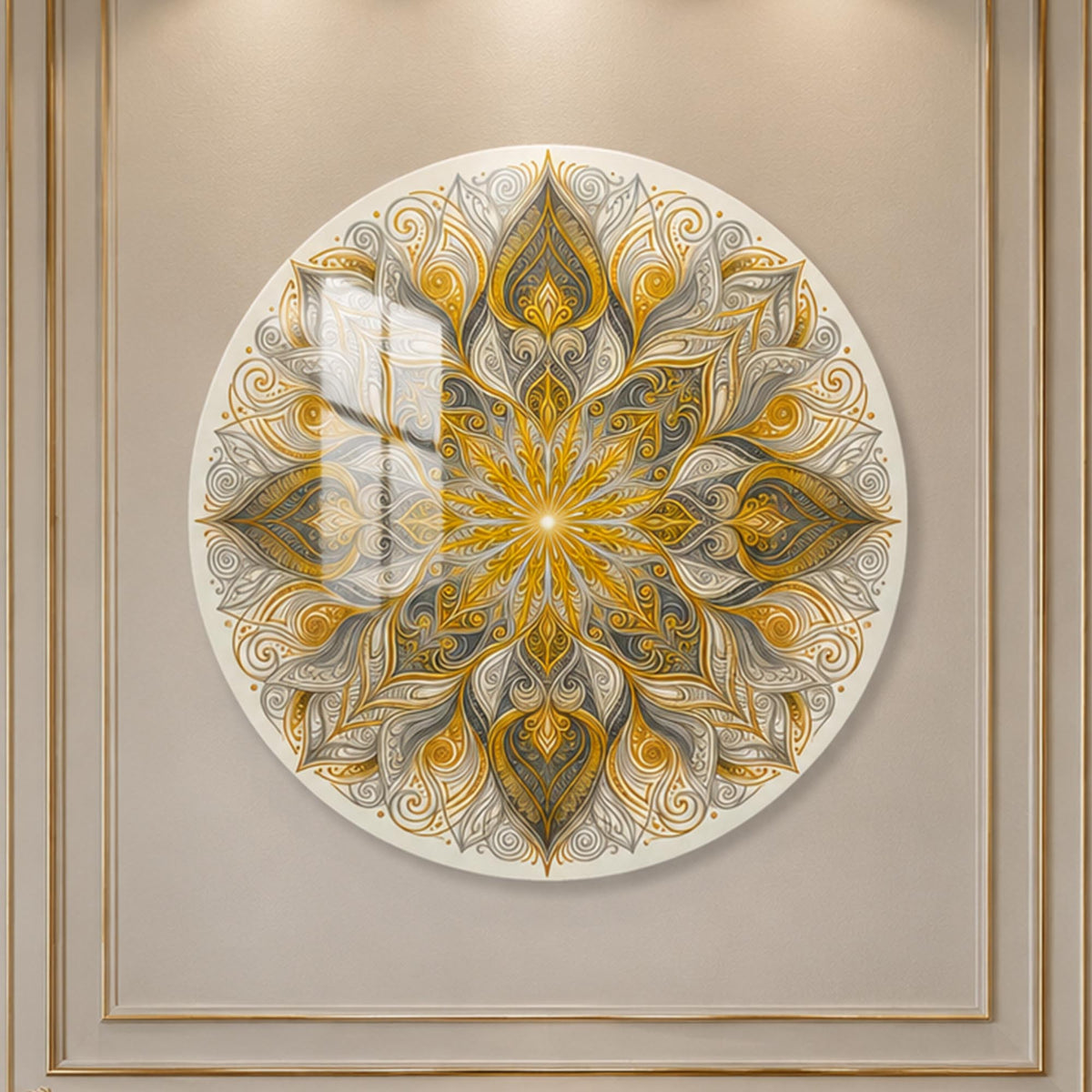 Ivory Golden Mandala — tempered glass, ultra HD print, ready to hang