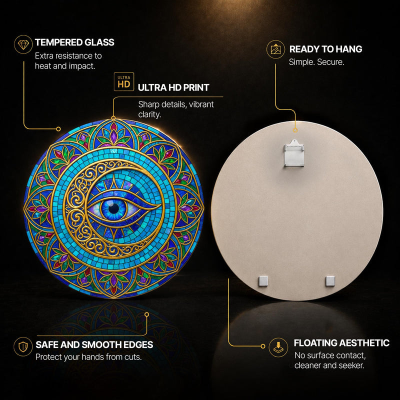 Jewelled Filigree Evil Eye — tempered glass, ultra HD print, ready to hang