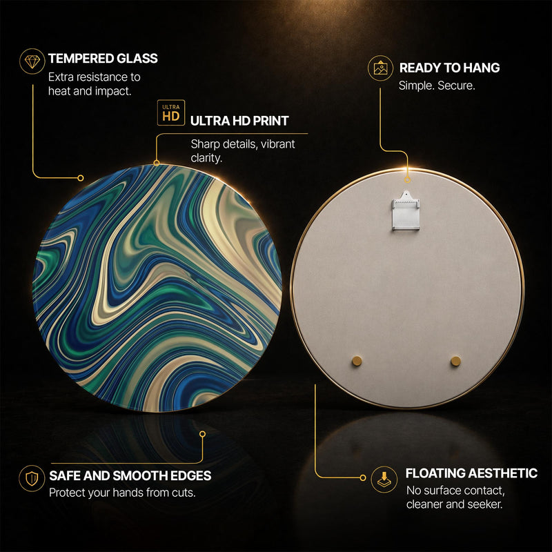 Emerald Gold Marble Flow — tempered glass, ultra HD print, ready to hang