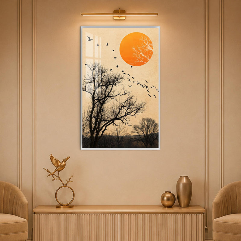 Artronauts Glass Print 12x18 cm | 4.7"x7.1" / White Birds Across Orange Sun Glass Wall Art