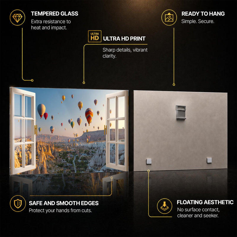 Cappadocia Balloon Vista — tempered glass, ultra HD print, ready to hang
