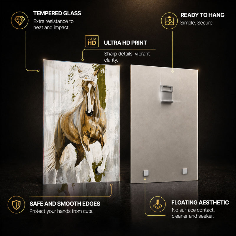 Wild Golden Horse — tempered glass, ultra HD print, ready to hang