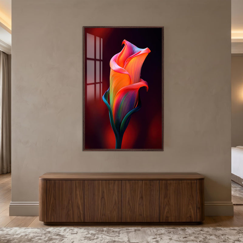 Neon Calla Bloom with walnut frame